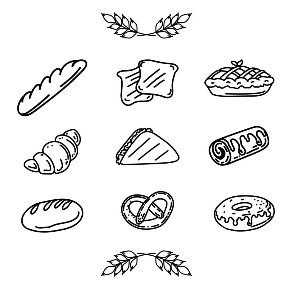 Set of isolated doodle elements. Bakery products. Ears of wheat. Icons. loaf, French baguette, croissant, pie, toast, pretzel and roll. Black and white image of food. vector