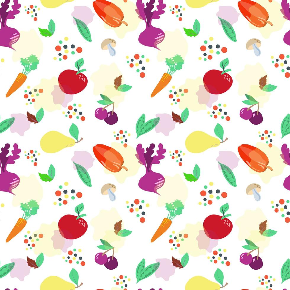 Seamless pattern on a white background. World Food Day. October 16. Vegetables and fruits, mushrooms, herbs and spices. Suitable for textiles and packaging. vector