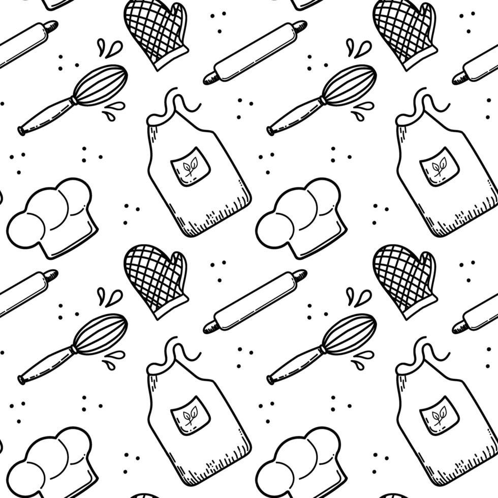 A seamless pattern of kitchen utensils. Hand-drawn vector. Cook's cap, apron and mittens. Dough tools. vector