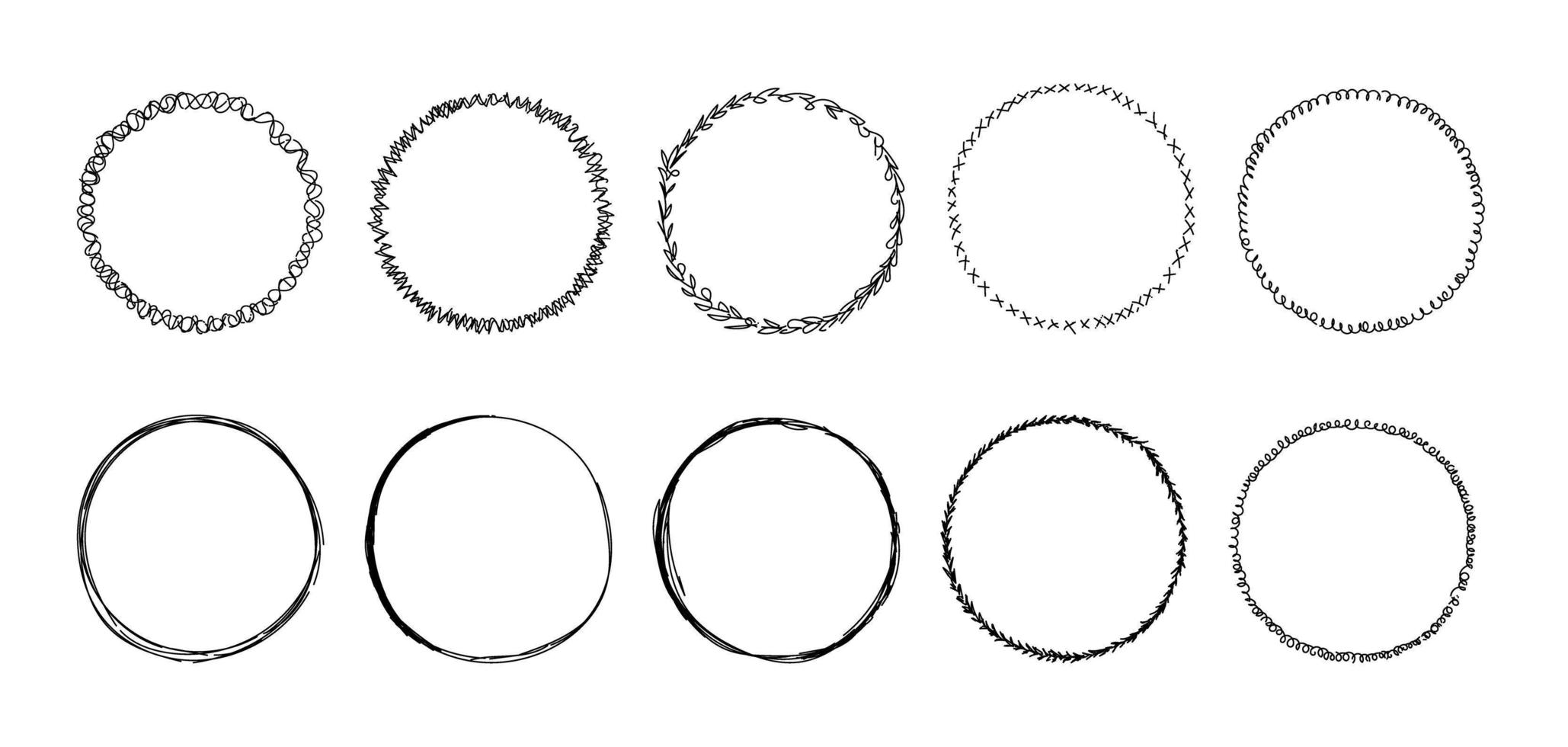 Frame Set. Wreath round, caricature borders for party, birthday decor design. Frames with different tearless lines. Isolated black flat vector illustrations.