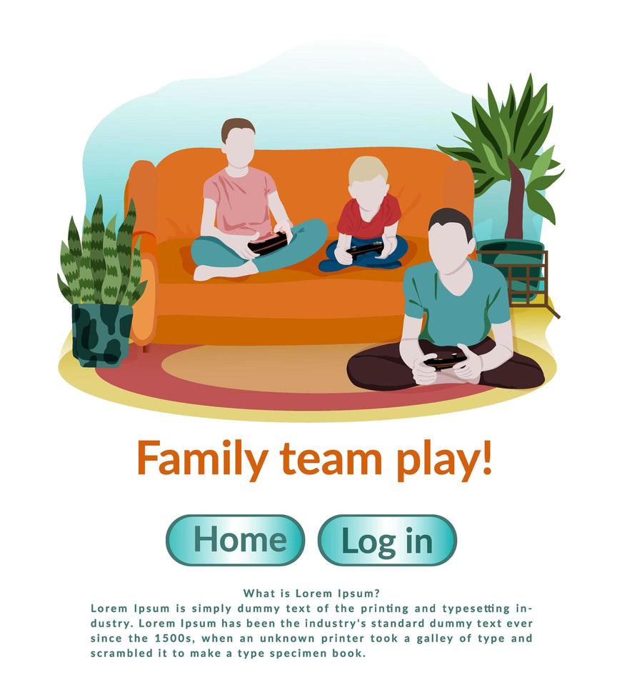 ilustración plana de vector de entretenimiento electrónico. padre e hijos en el sofá. dia del padre. familia feliz divirtiéndose jugando videojuegos. concepto de diversión familiar con niños en casa.