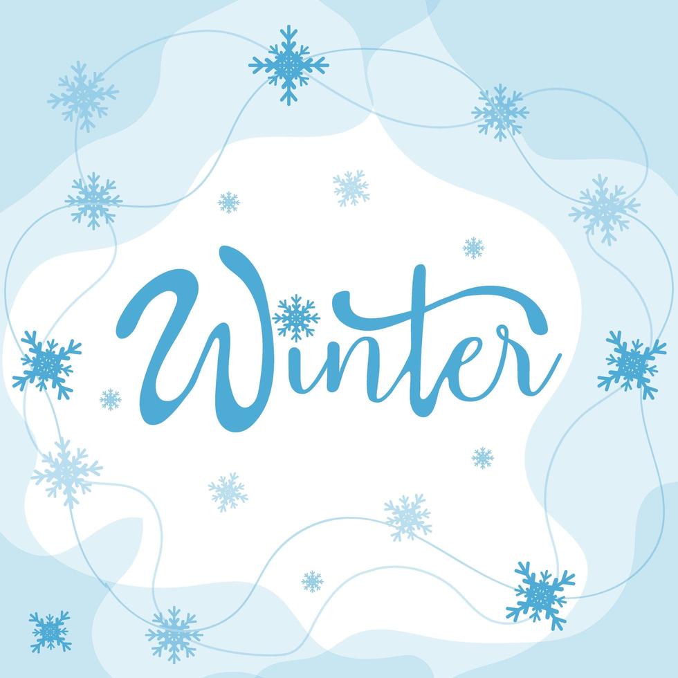 Banner con letras de invierno, linda ilustración vectorial manuscrita con copos de nieve. vector de estilo plano. plantilla de diseño de tarjeta.