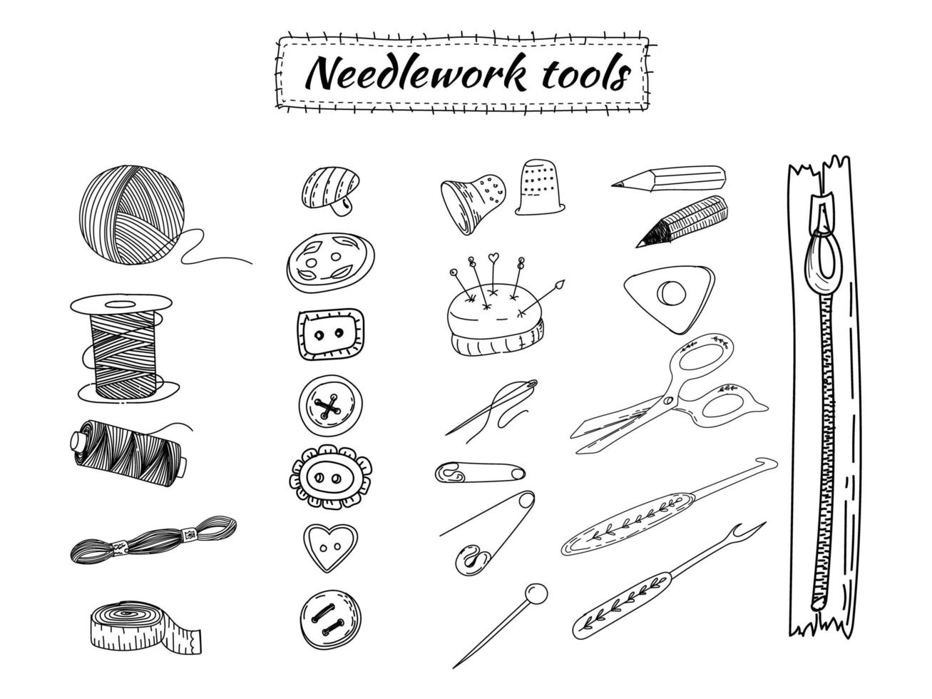 Tools and accessories for sewing and needlework. Scissors, twist, buttons, needles, pins, threads and spools of thread. Hand drawn vector doodle illustration.