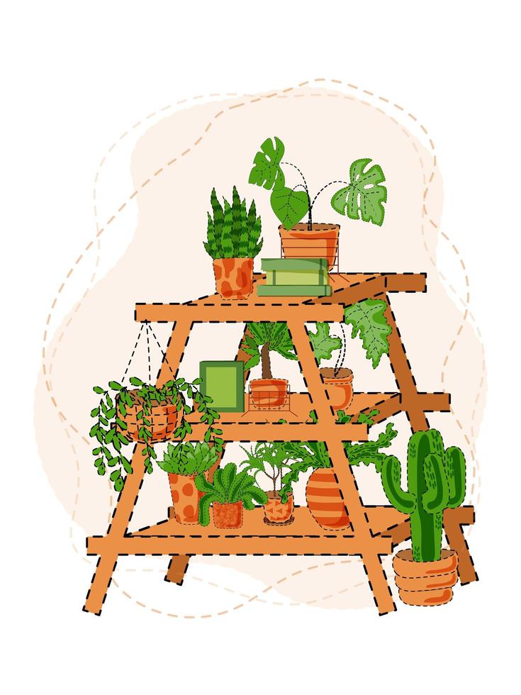 Houseplants on shelf. Flower in pot, potted houseplant and plant pots. Home plants on shelves. Garden decoration flower houseplants pots flat isolated icons vector illustration set