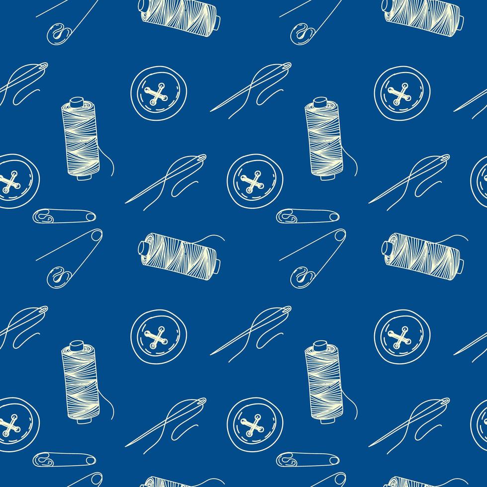 Monochrome seamless pattern of threads, buttons, needles and pins. A needle from a thread. Doodle style vector. vector