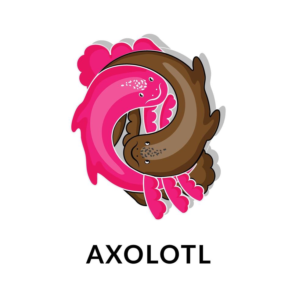 Cute axolotl, vector illustration in cartoon style. Animal icon. Yin and Yang. Pink and chocolate axolotl. Logo in a fashionable linear style.