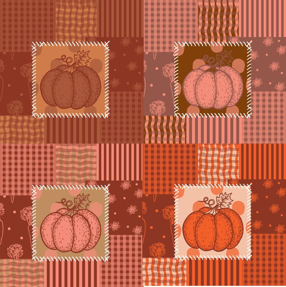 Patchwork seamless pattern. Different color palettes. Pumpkin, carrots, stripes, cage, flowers and peas. Ornaments in bright colors. Vector illustration