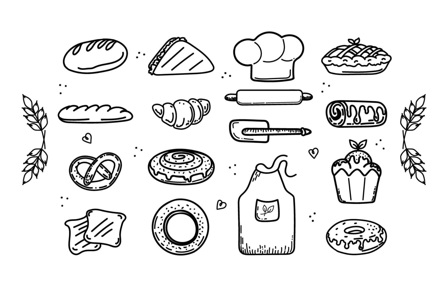 A set of isolated hand-drawn elements. Bread products, dough items and chef's clothes. Wheat ears. Icons. vector