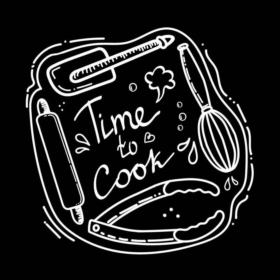 Food Poster Printed caption. Time to cook. Lettering kitchen cafe restaurant decor. Kitchen. Cooking. Scoop, whisk, tongs and spatula. Hand drawn vector illustration.