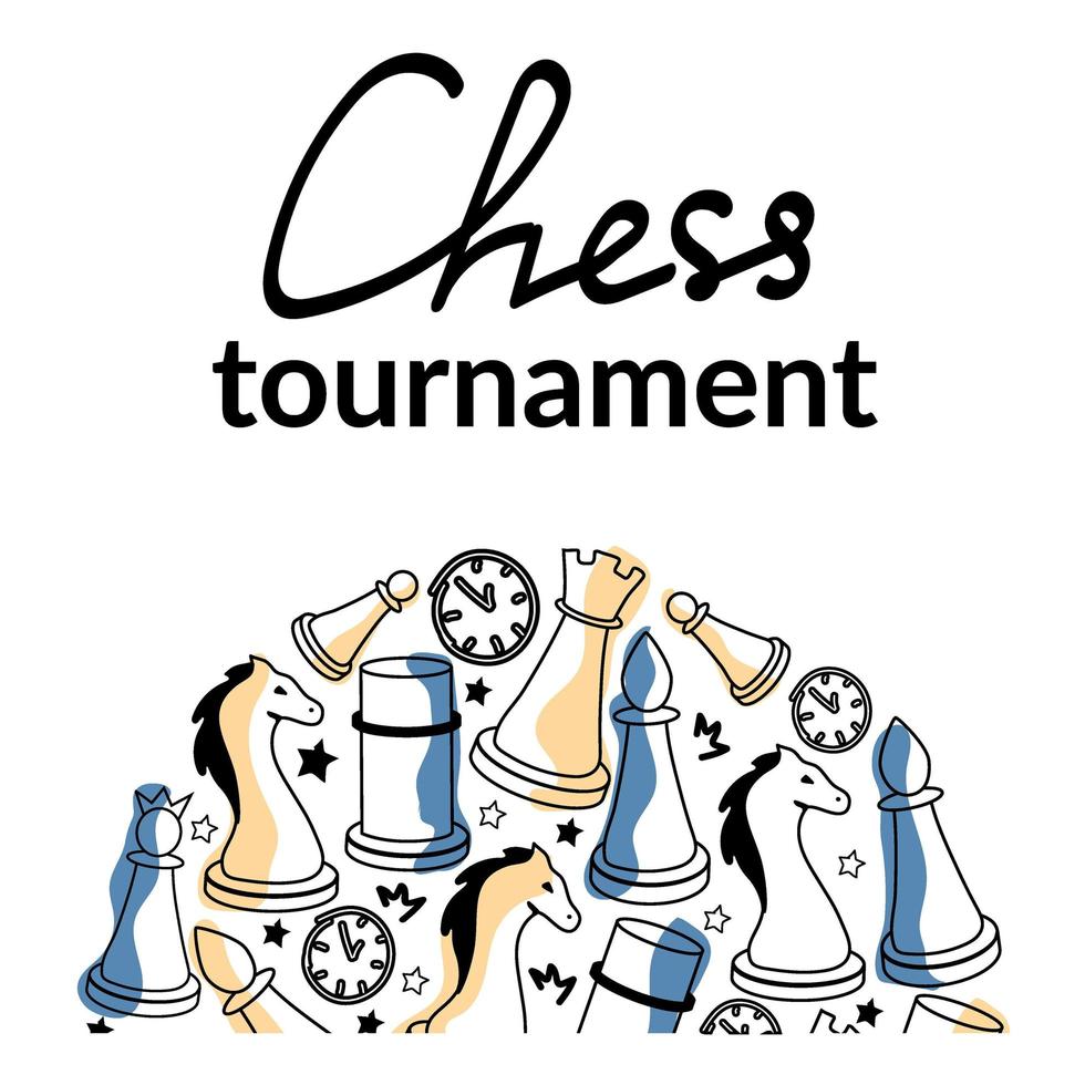 Flat style. A hand-drawn set of chess elements. People playing chess. Stacked pieces stacked in a circle. Isolated vector illustration for board game store, store, game competition.
