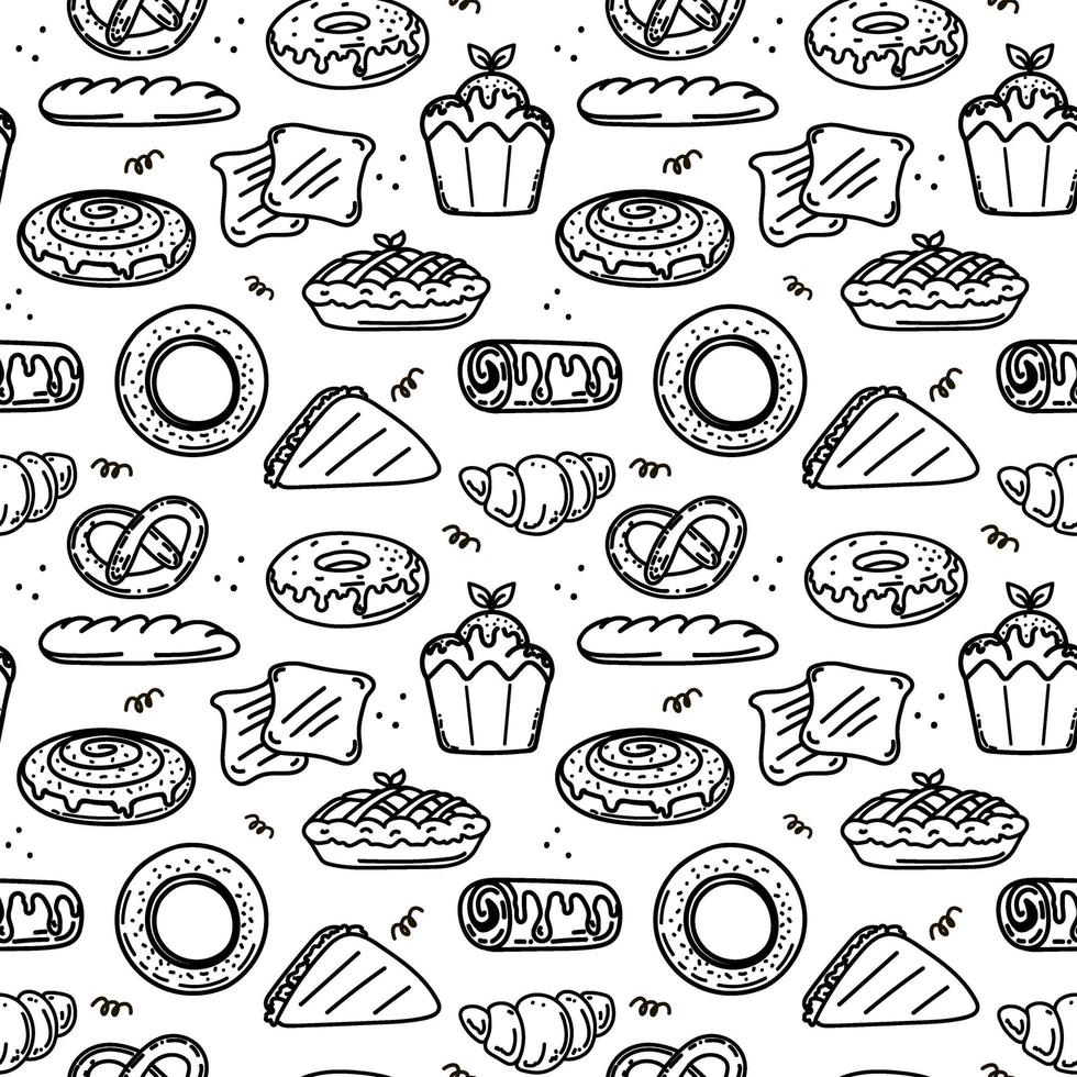 A seamless pattern of hand-drawn bakery items. Toast, pie, muffin, cupcake, donuts, sandwich, bagels, and snail buns. Doodle style vector. vector