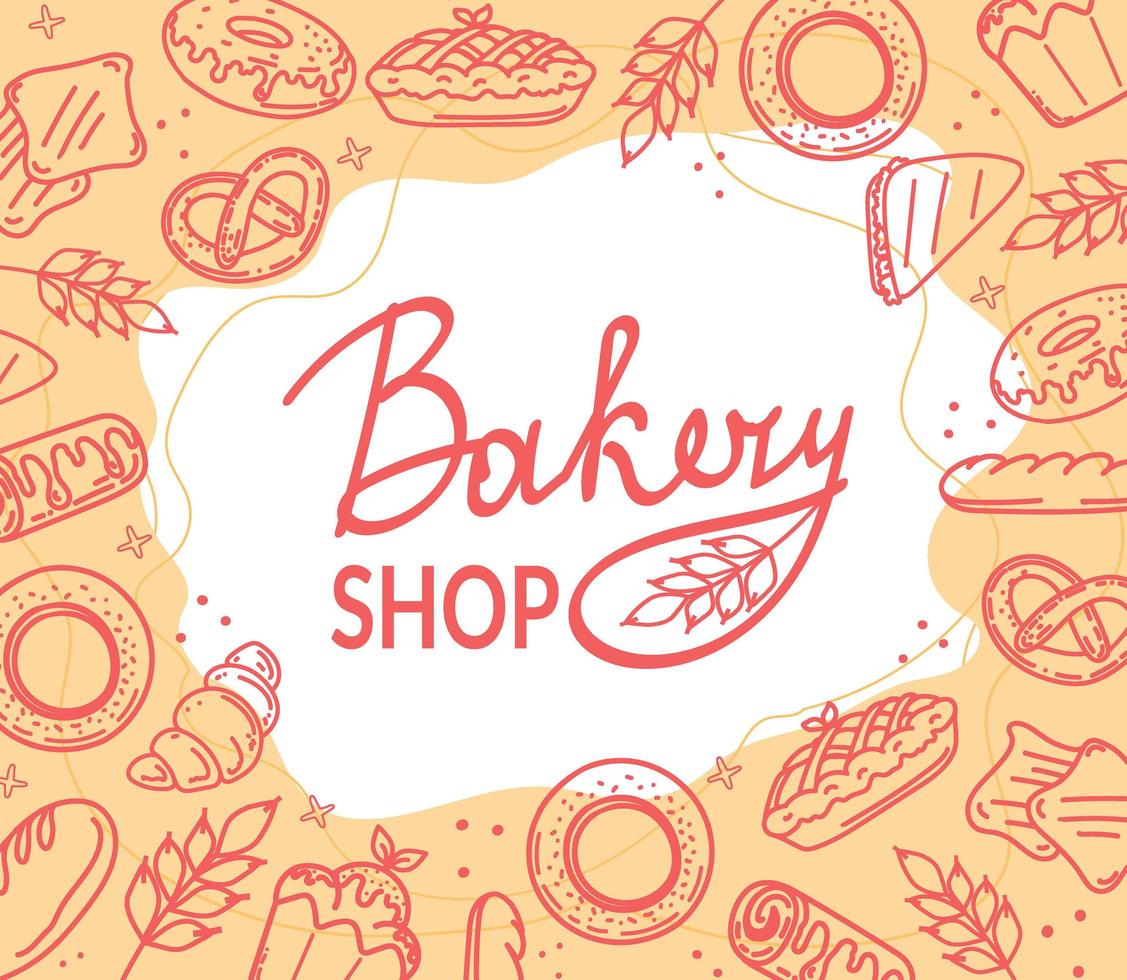 Banner or poster with different hand-drawn baked goods and desserts, vector illustration in doodle style on white background. Bread and rolls store design template.