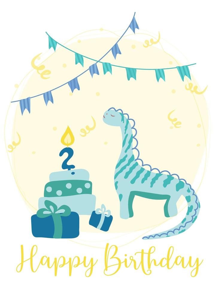 Postcard with cute dinosaur, gifts, cake with a candle, holiday flags, sweets. Happy second birthday. Greeting card template with cute characters. Vector illustration in cartoon style.