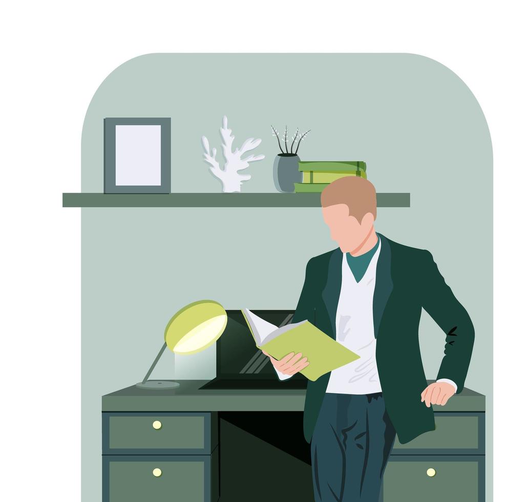 Man reads a book while standing. The man in a suit. Learning and literacy day concept. Cute vector illustration in flat cartoon style.