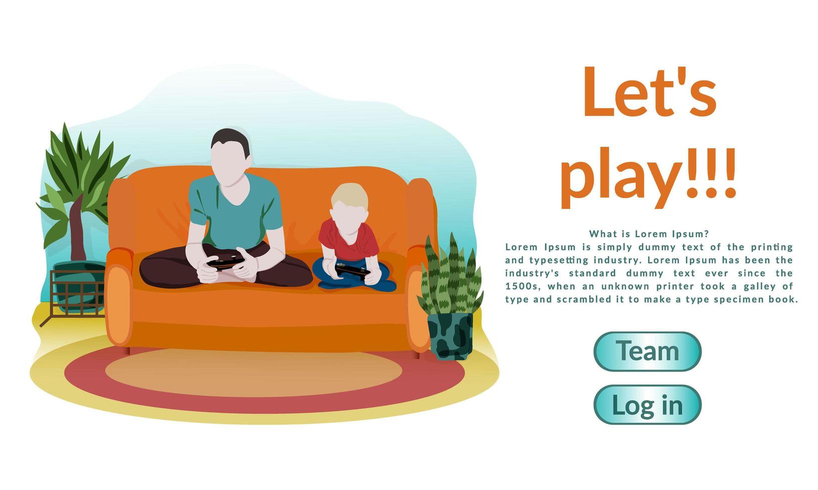 WebMockup of the landing page. Dad and kid are spending time together, playing video games. Friends playing an online battle game. Brothers holding joysticks clipart. Leisure time, pastime. vector