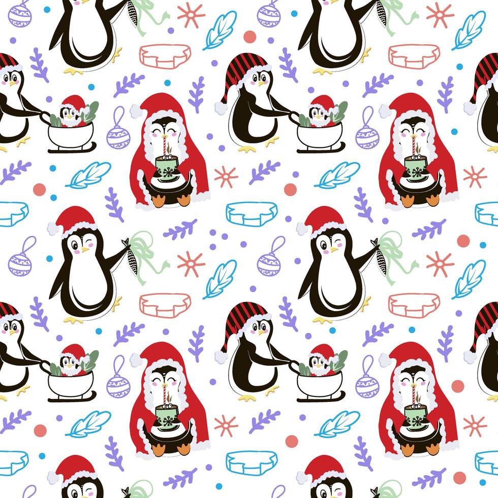 Christmas template with cheerful penguins. Animals performing different actions. Gift, cocoa and walking with a baby. Festive background with hand-drawn elements, cute vector illustration in flat