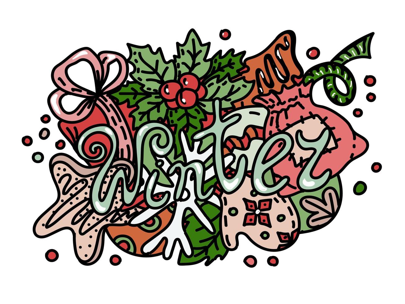 Banner in Christmas style. Hand lettering in doodle style. Winter. Christmas. Holiday objects and symbols. New Year. Gift, gingerbread, plants and balls for the Christmas tree. vector