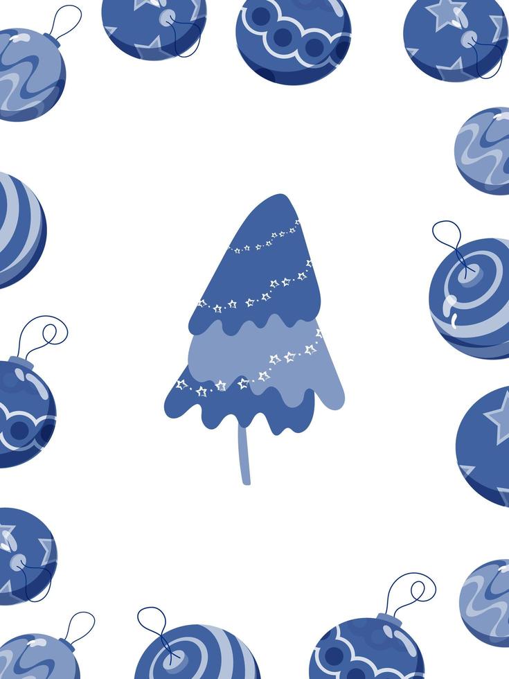 banner de navidad con bolas de navidad y árbol de navidad. vector de estilo plano. en tonos fríos de azul. bolas rayadas.