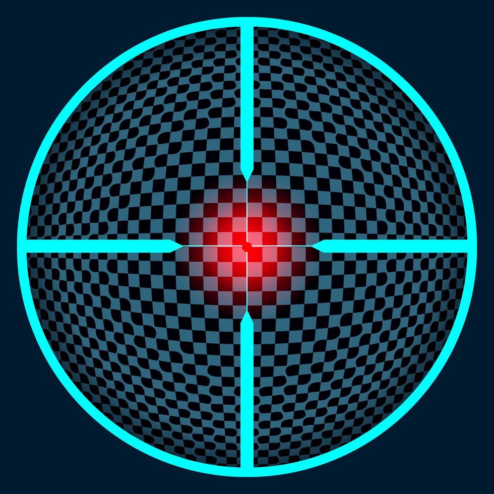 Crosshairs with a red precise sight. Neon bright illustration on a dark background with a transparent center. Vector