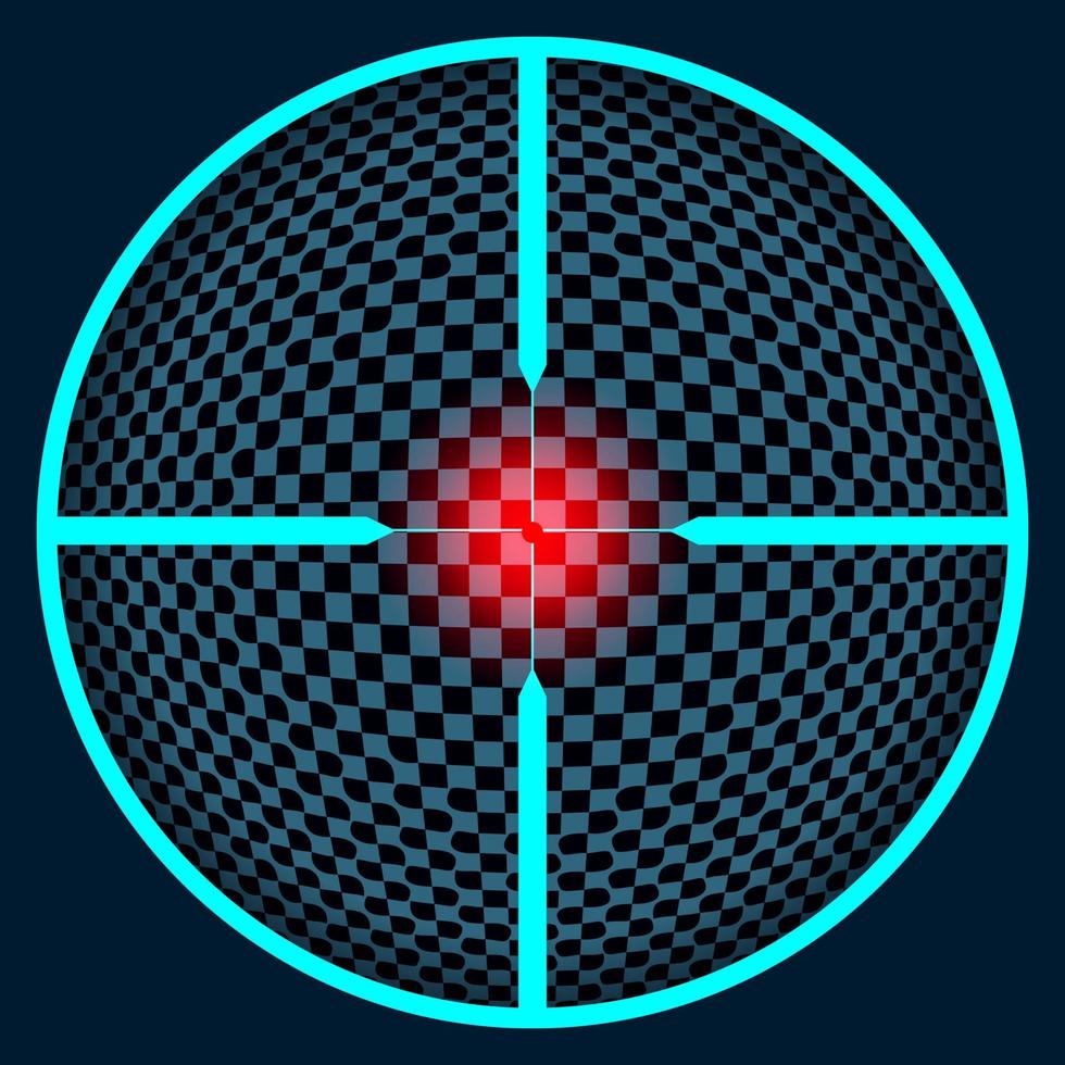 Crosshairs with a red precise sight. Neon bright illustration on a dark background with a transparent center. Vector