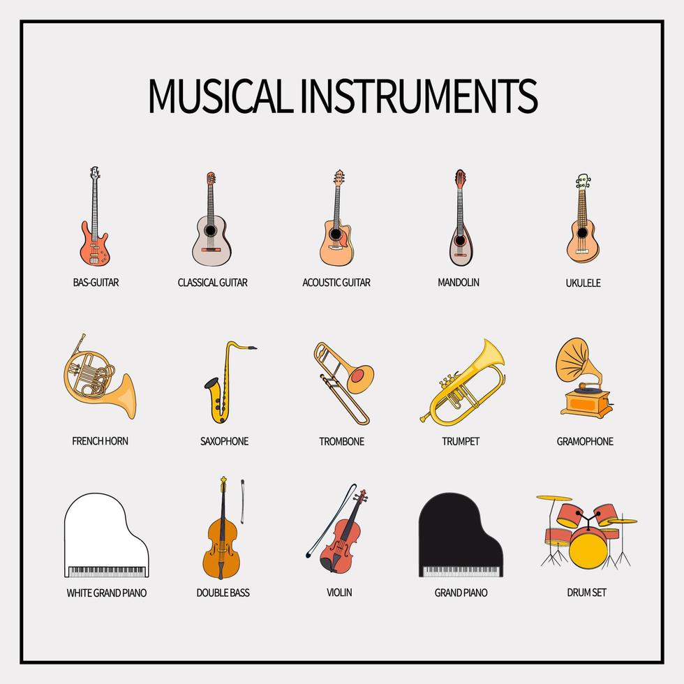 un conjunto de iconos con instrumentos musicales. guitarras, vientos, cuerdas, teclados, instrumentos de percusión y un micrófono con gramófono. aislado sobre un fondo claro. ilustración vectorial vector