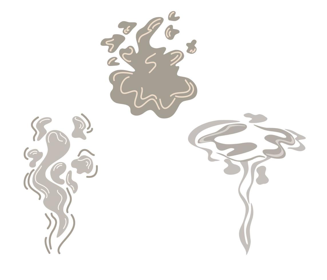 conjunto de humo. nubes de vapor, soplo, niebla, niebla, vapor de agua o explosión de polvo. elemento clipart para juegos, impresión, publicidad, menús y diseño web ilustración vectorial estilo de dibujos animados. vector