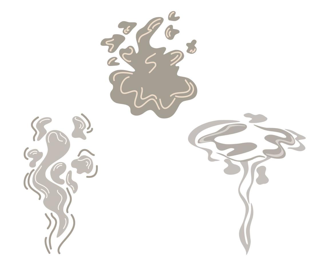 Smoke set. Steam clouds, puff, fog, fog, water vapor or dust explosion. Clipart element for games, printing, advertising, menus and web design Vector illustration cartoon style.