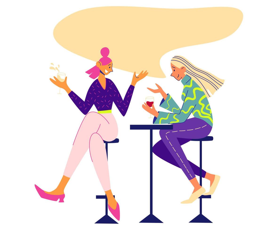 Two girls talking in a cafe. Young women socialize and drinks. Meeting, friendship and communication. Perfect for printing banners postcards and invitations. Vector cartoon illustration.