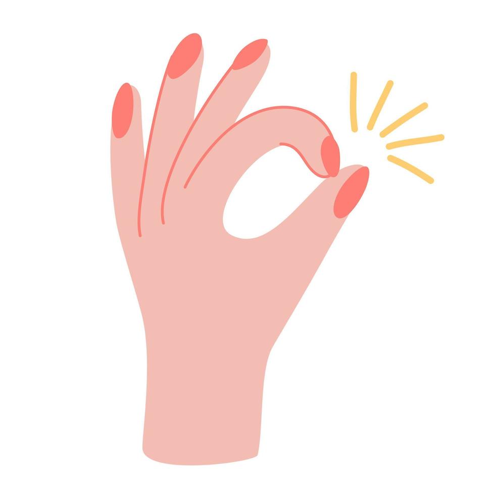 Hand shows the ok sign. The gesture is good. e-commerce and marketing, the best choice sign design Vector illustration cartoon style isolated on the white background.