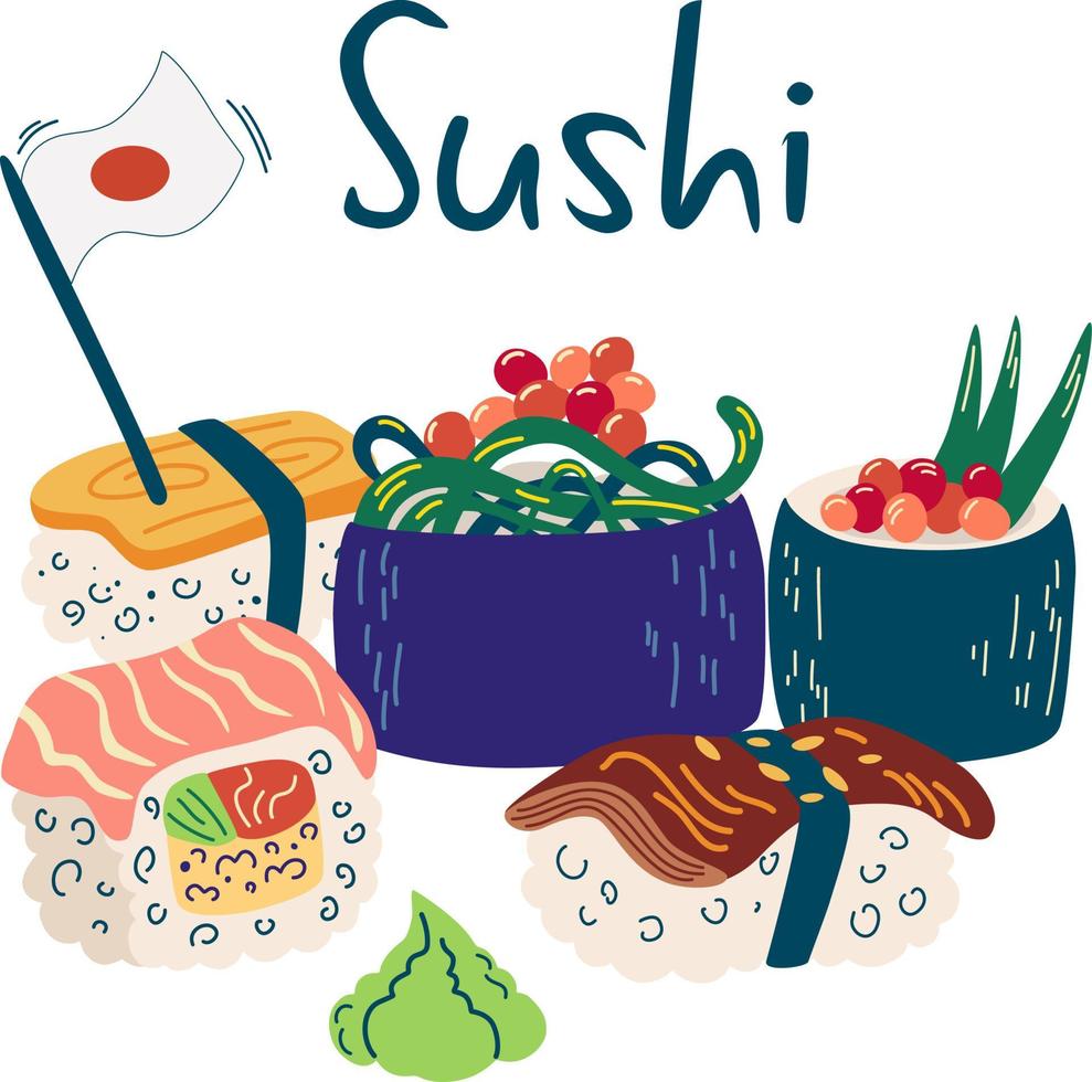 Sushi. comida japonesa. alimentos saludables de arroz nori y pescado. elemento clipart para impresión, publicidad, menús, restaurante y diseño web ilustración vectorial estilo de dibujos animados. vector