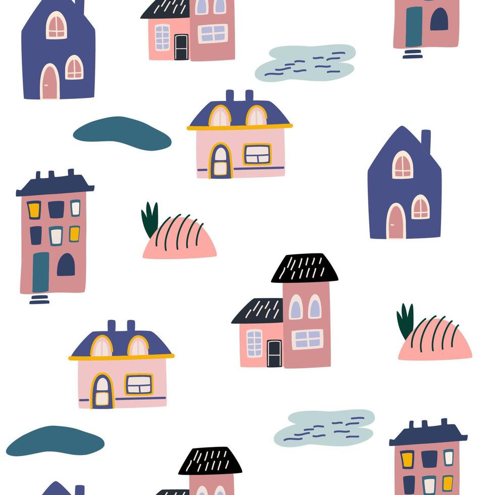 lindas casas de patrones sin fisuras. fondo urbano. ciudad infantil creativa para telas, textiles, papel pintado, diseño de papel de regalo. ilustración vectorial dibujada a mano vector