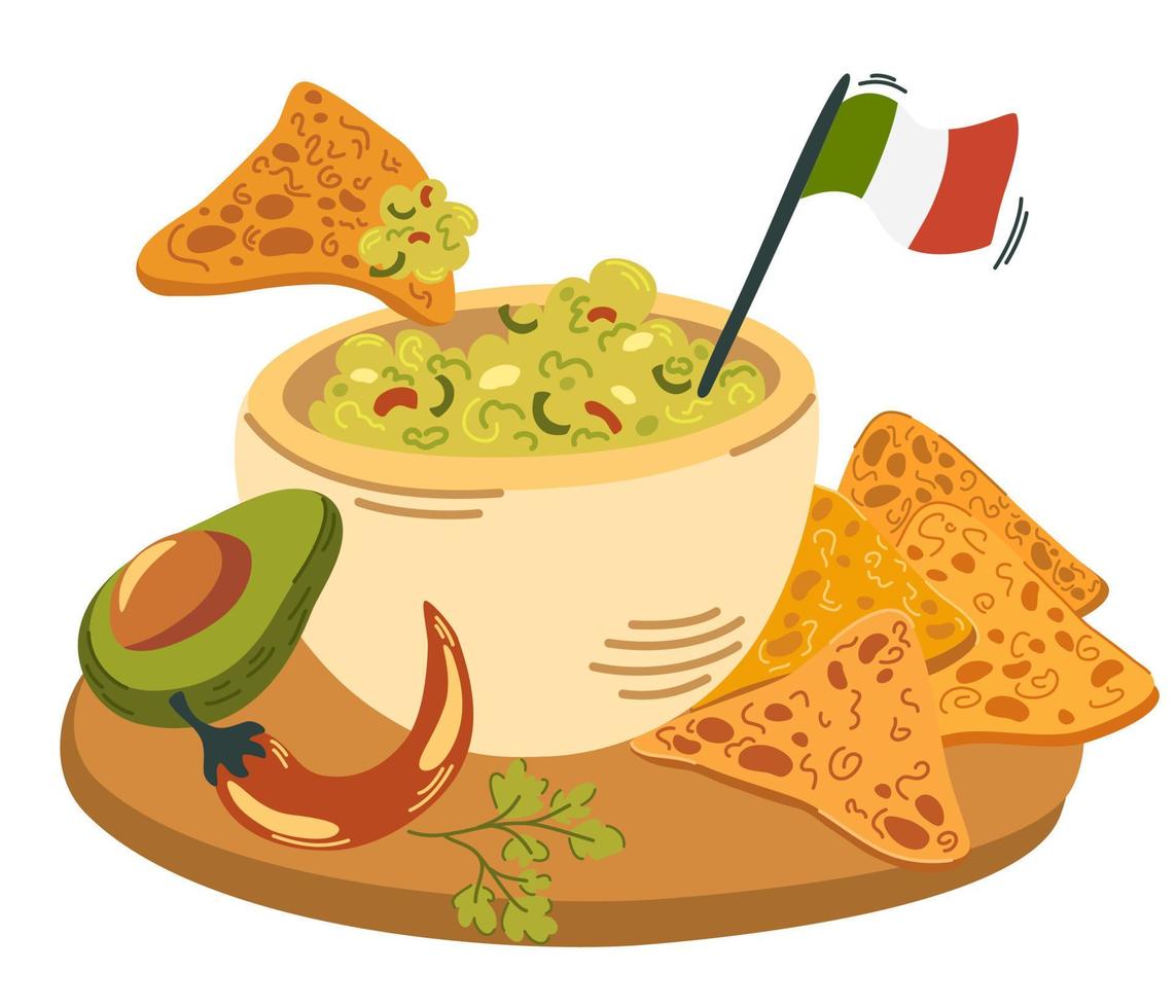 Guacamole. Mexican food guacamole with nachos, avocado, pepper, lime and spices. Delicious, healthy food, snack. Hand Drawn Cartoon Vector illustration.