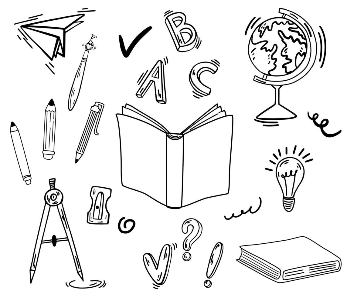 School supplies. Back to school. Big set of doodle line art hand draw school items. Books, pencils, pens, notebooks, erasers, paper, clips, globe, backpack. Study. Vector illustration