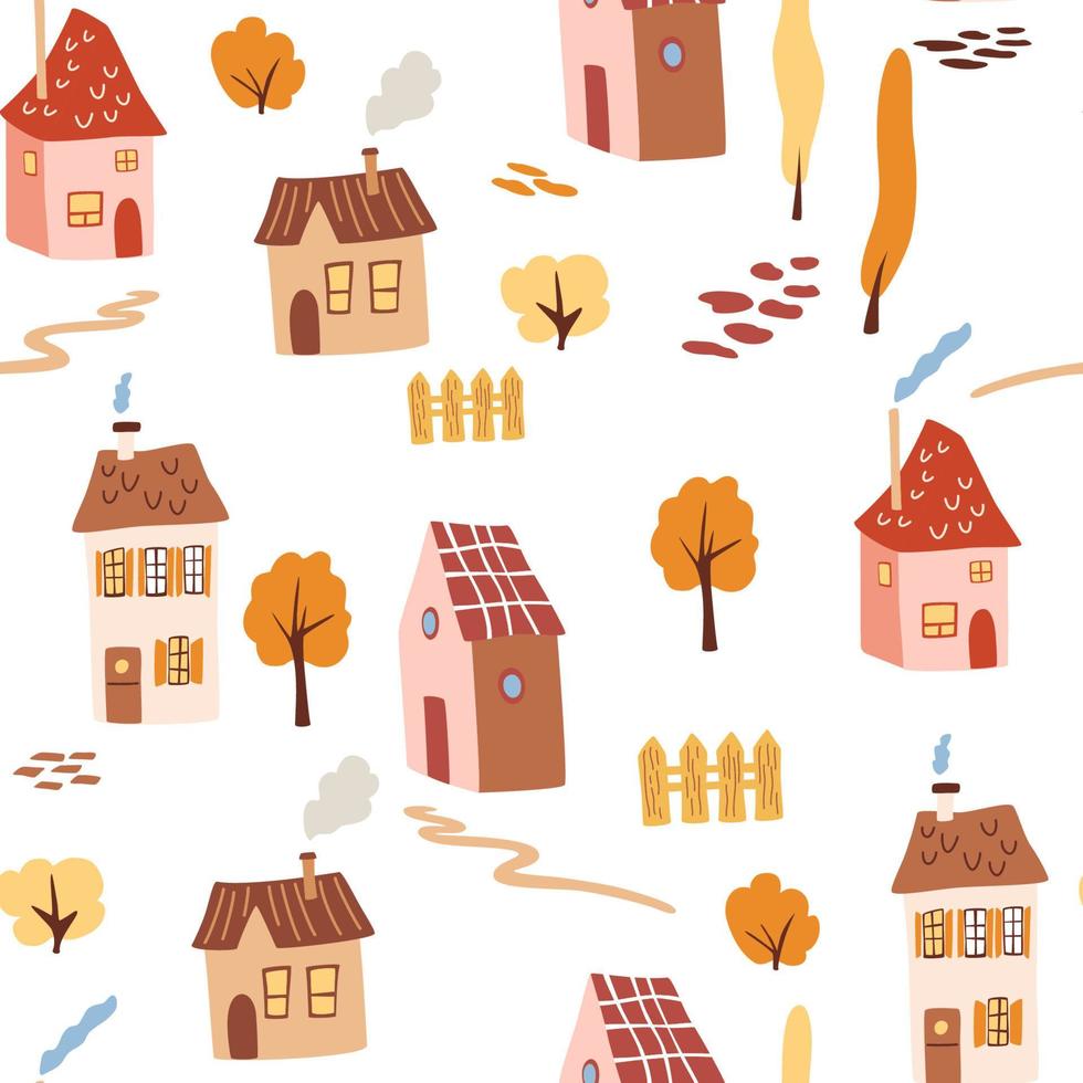 Cute houses seamless pattern. Urban background. Creative kids city for fabric, textile, wallpaper, wrapping paper design. Vector hand draw illustration