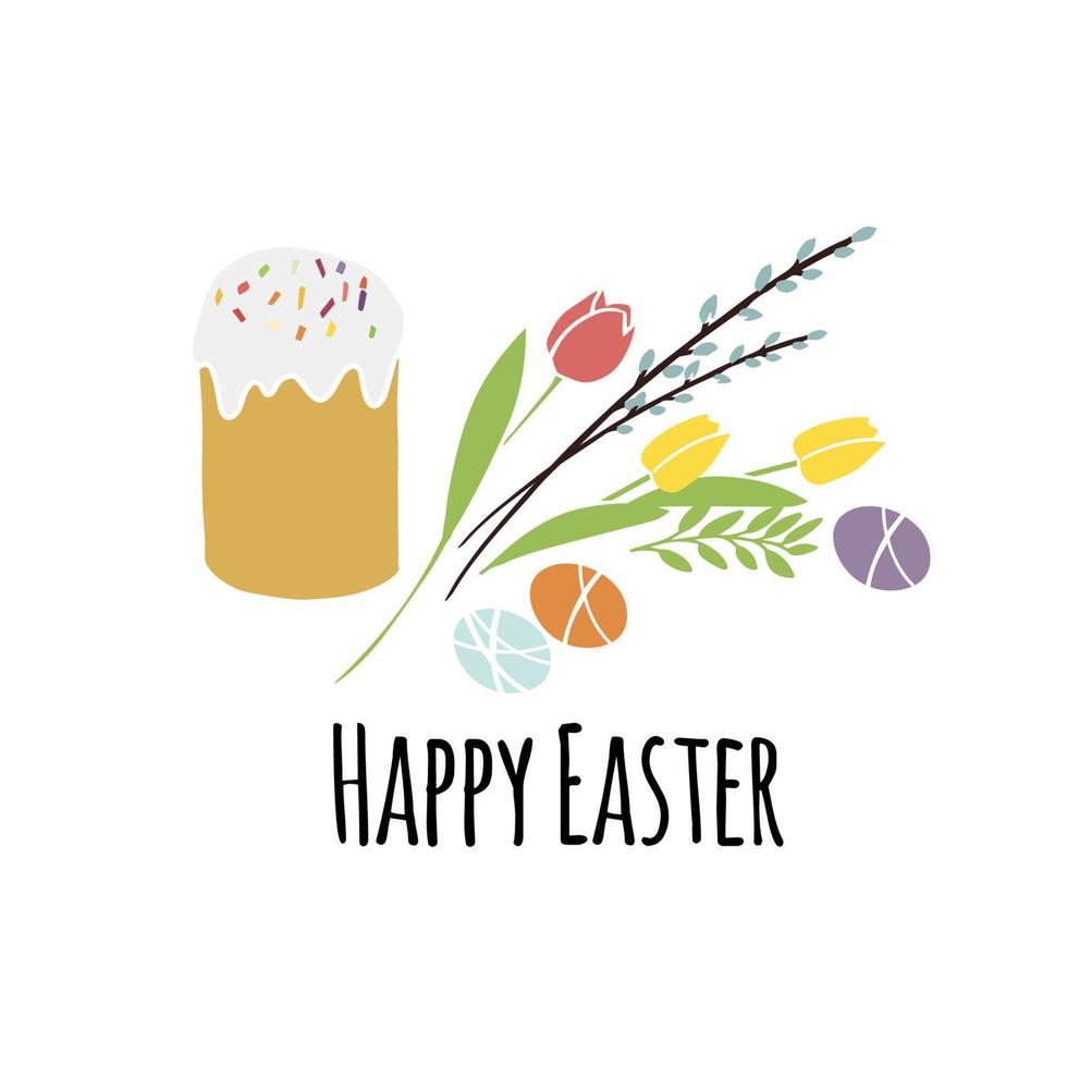 ilustración vectorial Pascua con colección de símbolos tradicionales de Pascua- pastel de Pascua y huevos, flores de primavera feliz tarjeta de felicitación de Pascua en color pastel en blanco vector