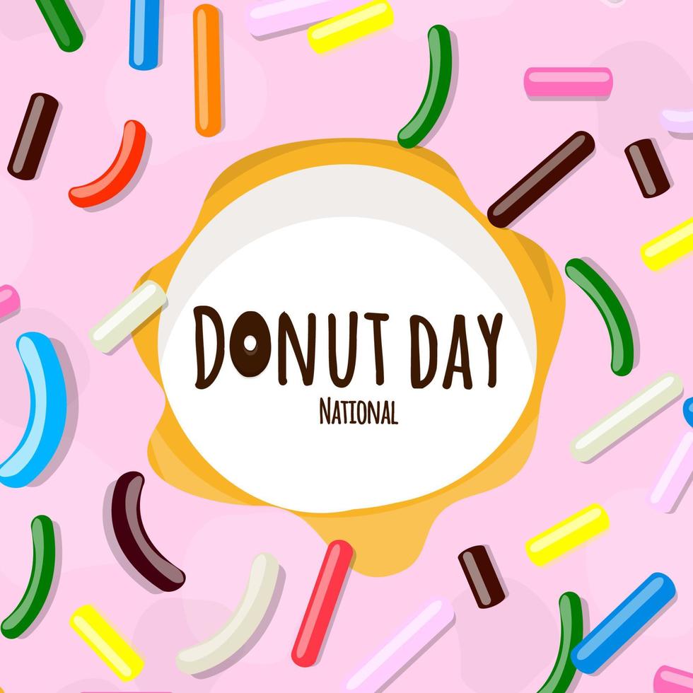 National Donut day text in cartoon style  with in pink glaze with multi-colored pastry topping Vector illustration