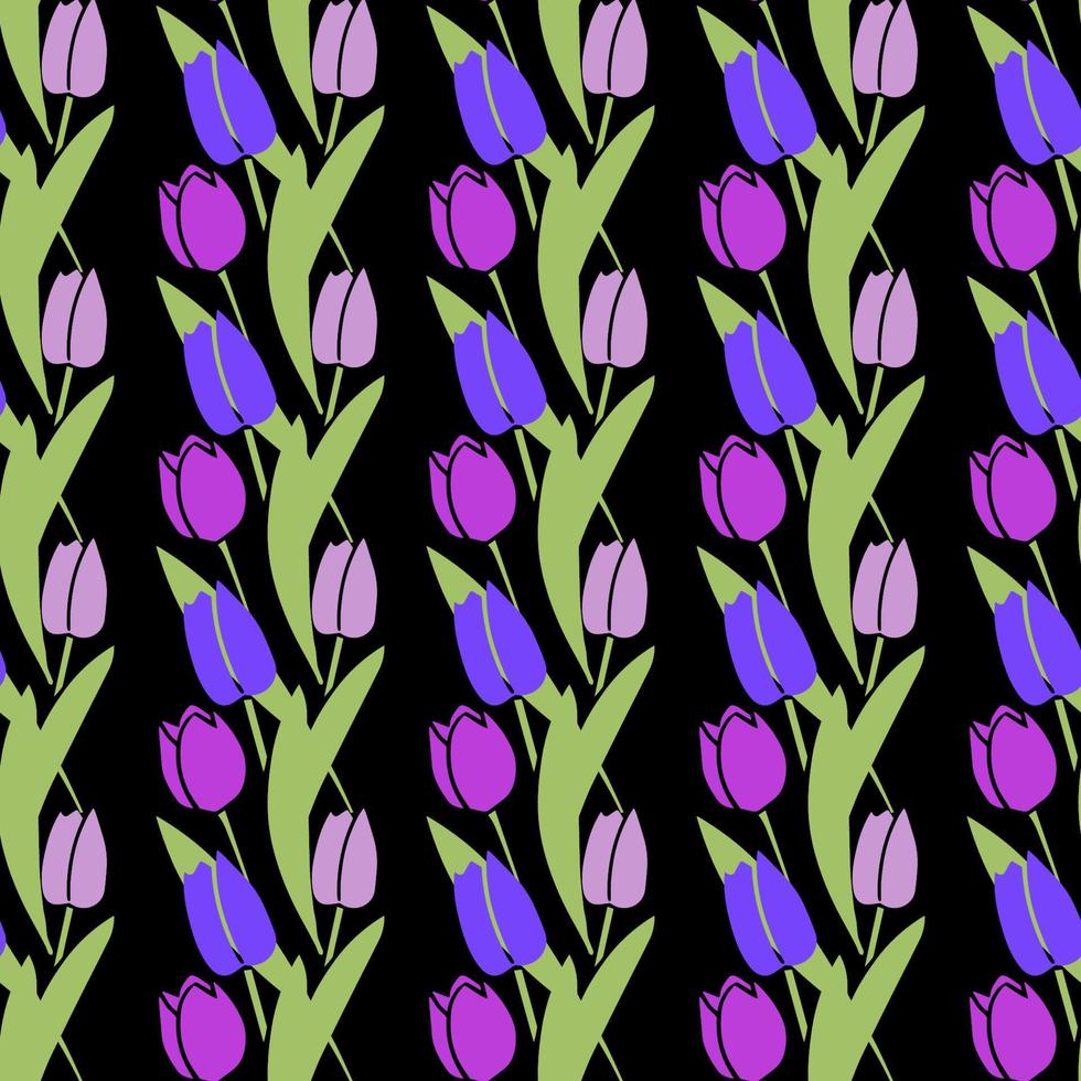 Vector Seamless pattern tulips violet black color, Botanical Floral Decoration Texture. Wallpaper Background