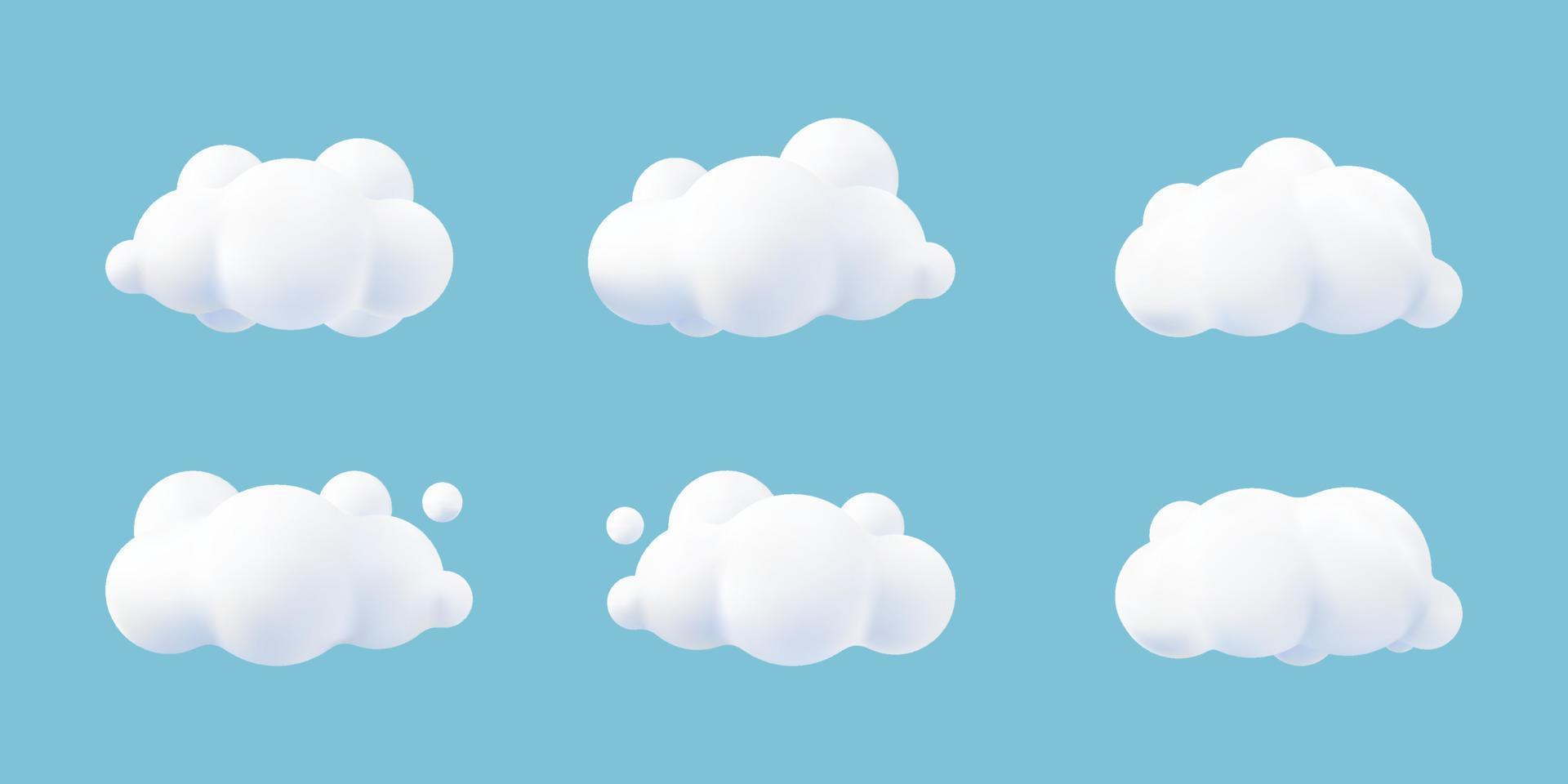 3D Render de un conjunto de nubes aisladas sobre fondo azul. icono de maqueta de nubes esponjosas de dibujos animados redondos suaves. Ilustración de vector de formas geométricas 3d