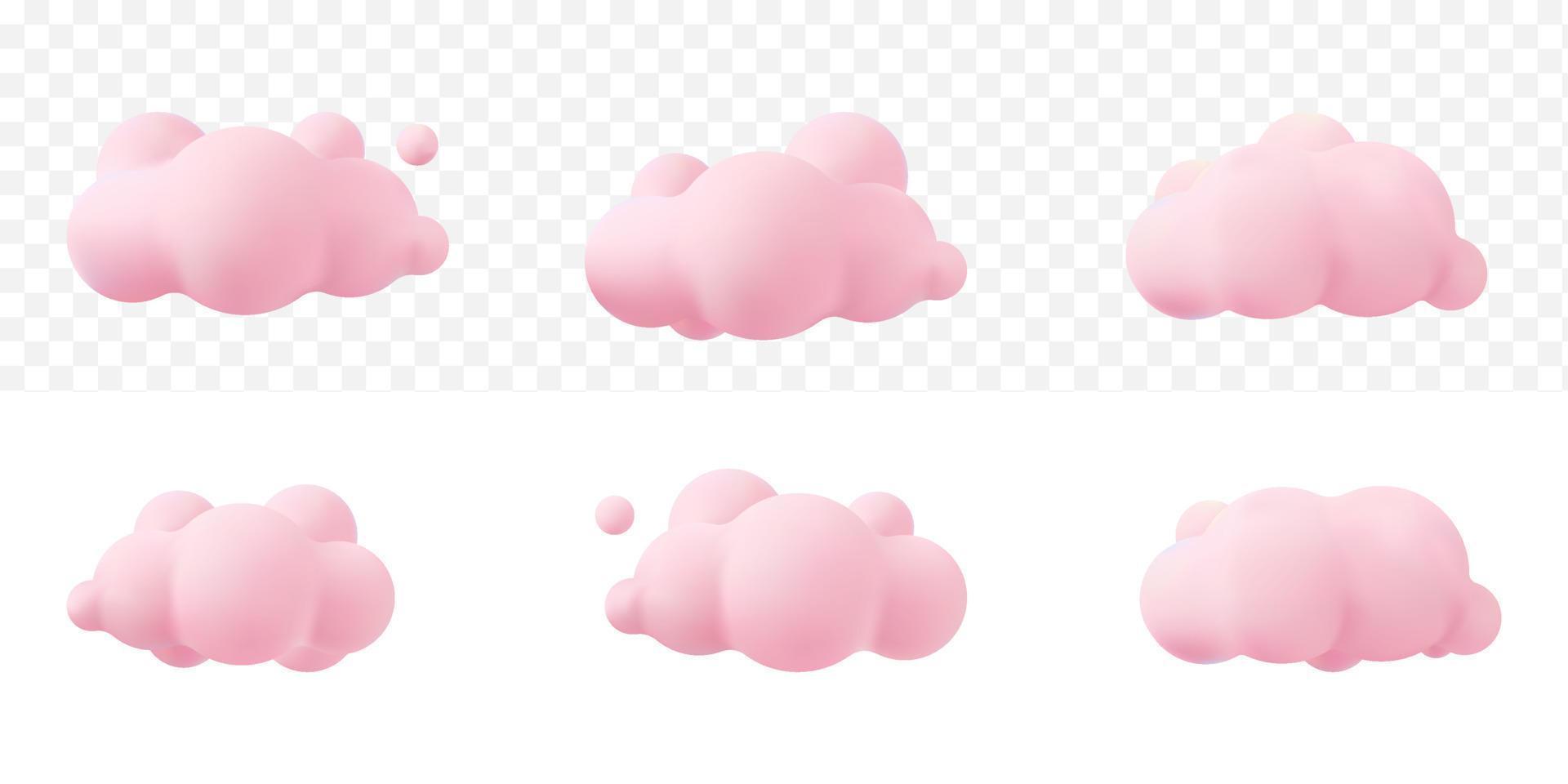 3D Render de un conjunto de nubes aisladas sobre fondo transparente. icono de maqueta de nubes esponjosas de dibujos animados redondos suaves. Ilustración de vector de formas geométricas 3d