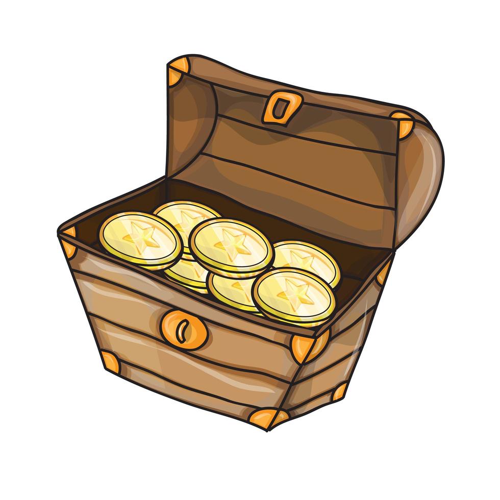 Treasure bright wooden box, vector illustration of chest with gold, lot of coins