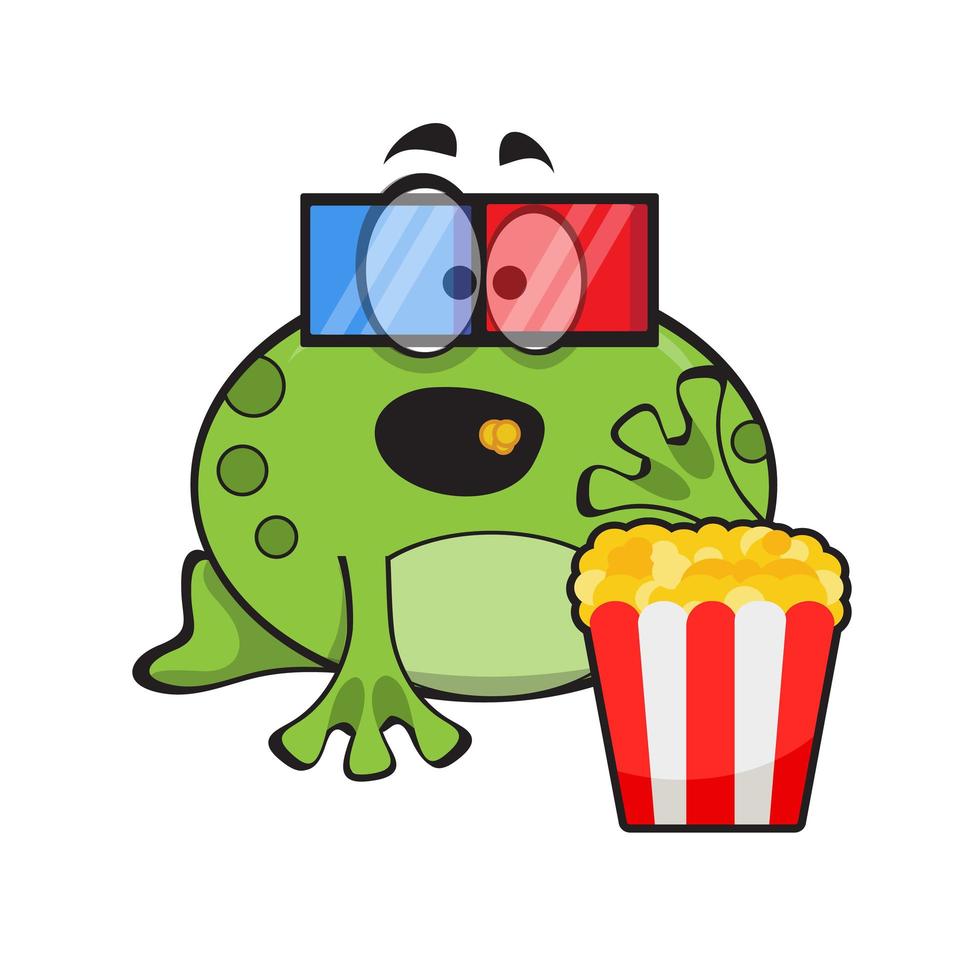 Cute frog eating popcorn and watch movie in 3d glasses. Cute cartoon animal vector