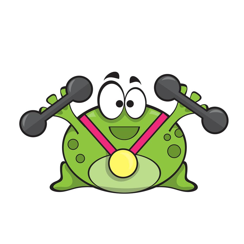 Cute frog with gold medal and dumbbell doing fitness exercise, cartoon character vector