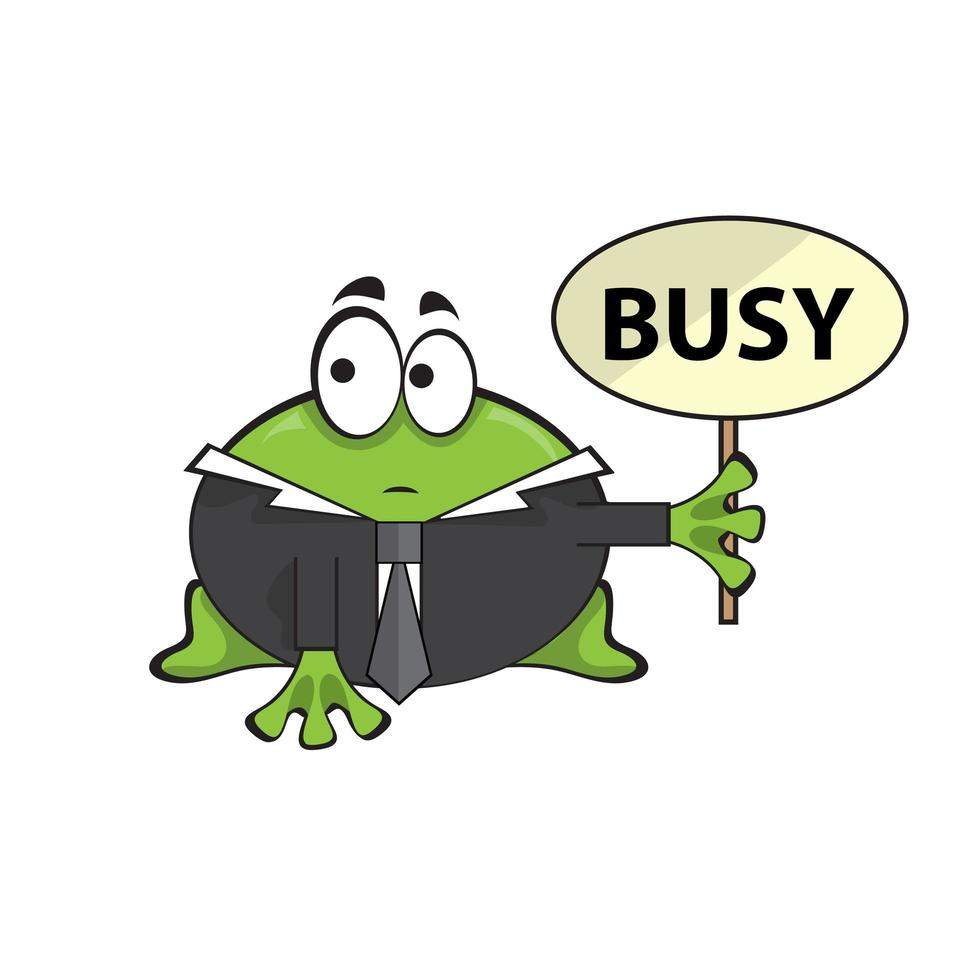 Cute businessman boss frog with a Busy sign - cartoon illustration on white vector