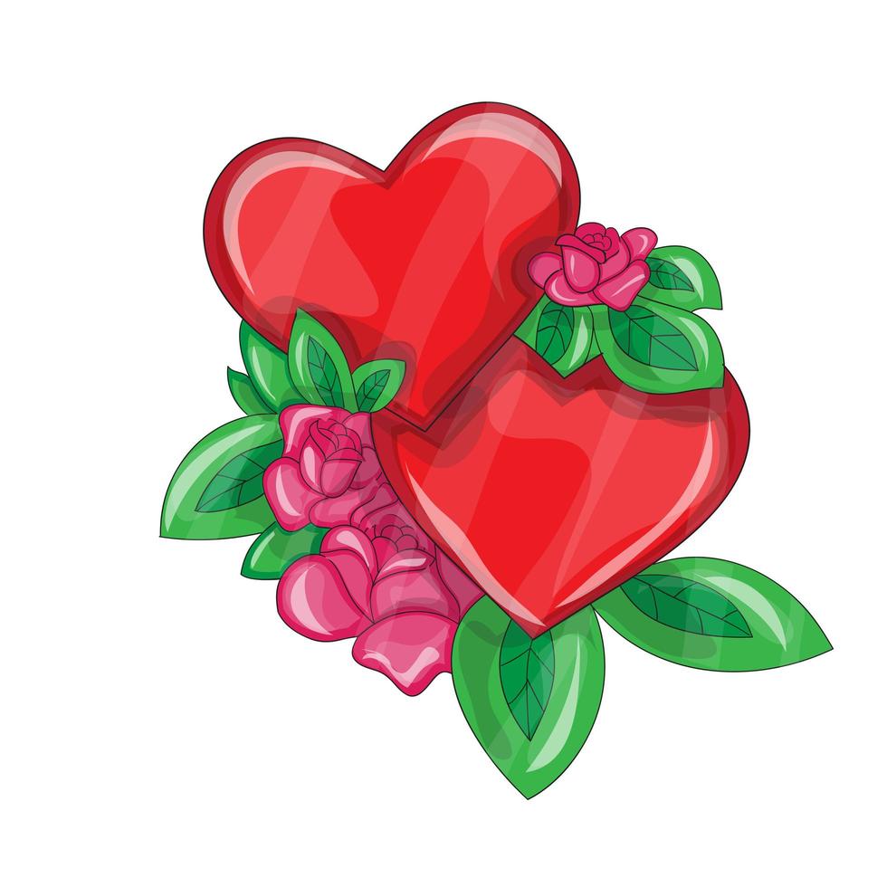 ilustración vectorial con dos corazones y rosas de dibujos animados. corazón aislado en un blanco vector