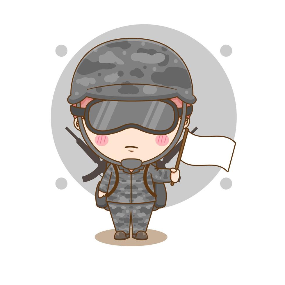 lindo soldado con bandera blanca personaje de dibujos animados chibi vector