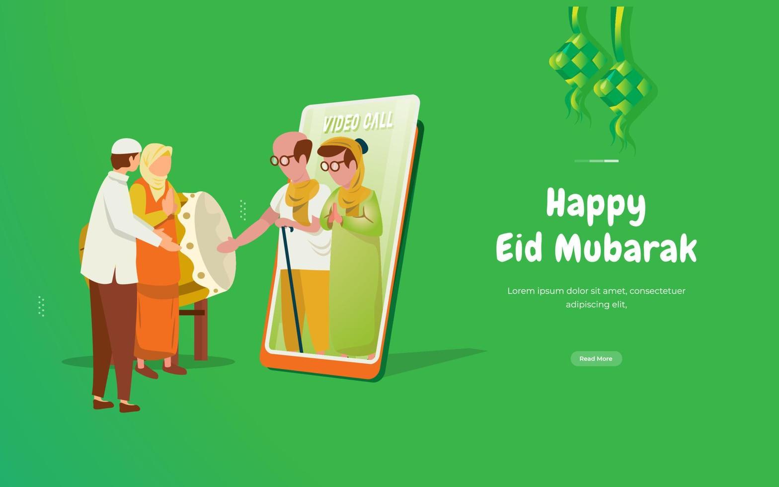 Muslim families meet their parents on mobile phone concept for Eid Mubarak greetings vector