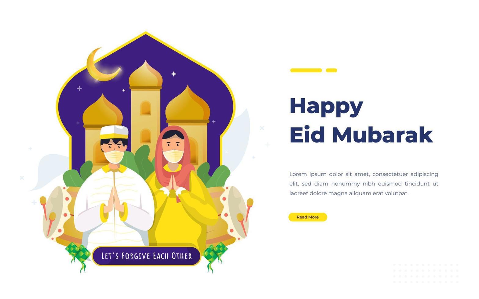 Muslim couple illustration for Eid Mubarak greetings vector