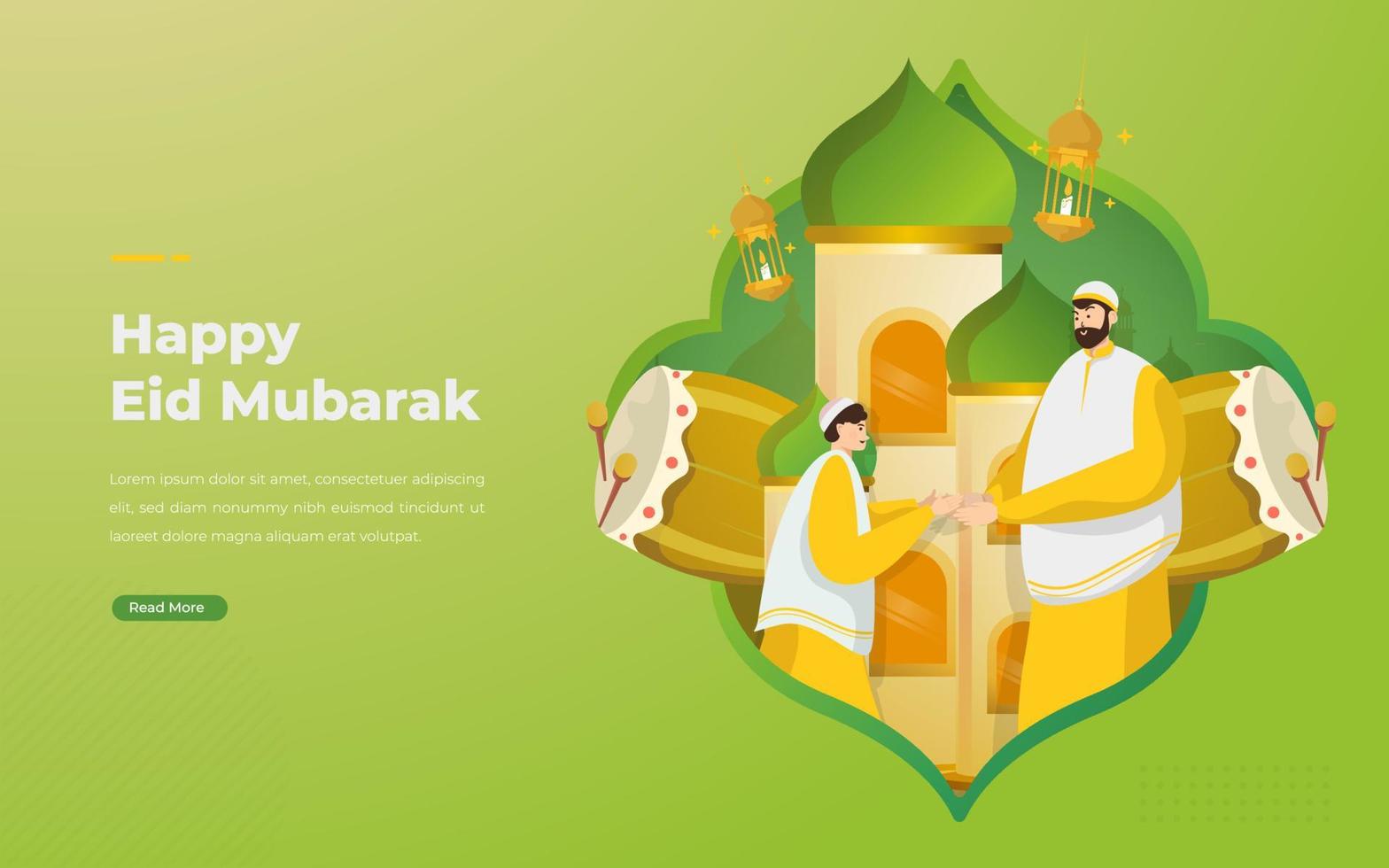 feliz eid mubarak con concepto de ilustración de apretón de manos vector