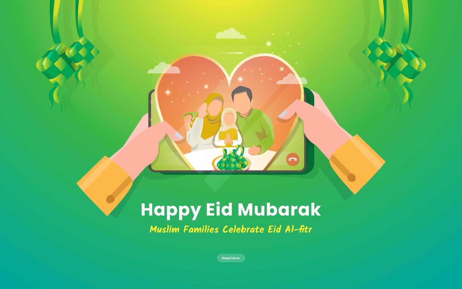 Muslim families in love on mobile screen for Eid Mubarak greeting concept vector