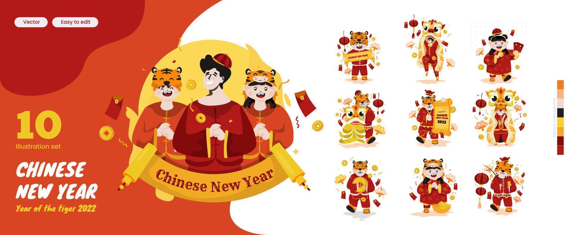 Chinese lunar new year 2022 illustration set for greetings vector